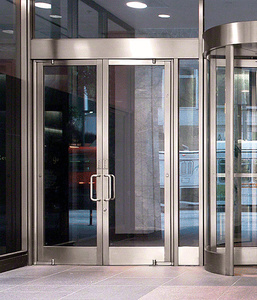 CRL Balancer™ Brushed Stainless Aluminum Medium Stile Door for 1" Glazing; 3-11/32" Top Rail; 9-1/2" Bottom Rail; Concealed Hinge Tube Double Doors with Panic