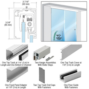 CRL280 Series Brushed Stainless Anodized Single Sliding Door with Fixed Panel Wall or Ceiling Mount Installation Kit for 12" (12 mm) Tempered Glass