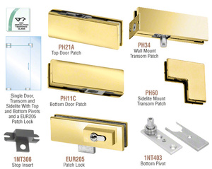 CRL Polished Brass European Patch Door Kit for Use with Fixed Transom and One Sidelite - With Lock