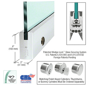 CRL Satin Anodized 1/2" Glass 4" Square Door Rail With Lock - 41" Length