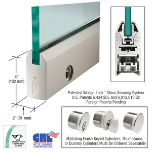 CRL Satin Anodized 1/2" Glass 4" Tapered Door Rail With Lock - 35-3/4" Length