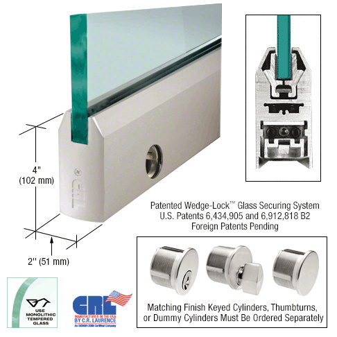 CRL Satin Anodized 1/2" Glass 4" Tapered Door Rail With Lock - 35-3/4" Length