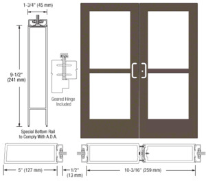 CRL-U.S. Aluminum Bronze Black Anodized Custom Pair Series 550 Wide Stile Geared Hinge Entrance Doors With Panics for Surface Mount Door Closers