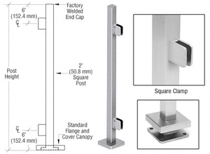 CRL Brushed Stainless 36" Steel Square Glass Clamp End Square Post Railing Kit