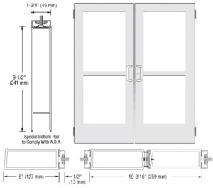CRL-U.S. Aluminum White KYNAR® Paint Custom Size Pair Series 550 Wide Stile Butt Hinge Entrance Door With Panics for Surface Mount Door Closers