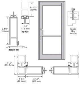 CRL-U.S. Aluminum Clear Anodized Custom Single Series 800 Durafront Medium Stile Geared Hinge Entrance Door for Surface Mount Door Closer