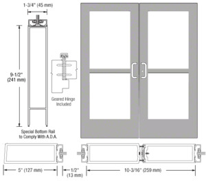 CRL-U.S. Aluminum Clear Anodized Custom Pair Series 550 Wide Stile Geared Hinge Entrance Doors With Panics for Surface Mount Door Closers