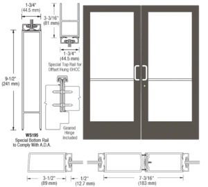 CRL-U.S. Aluminum Bronze Black Anodized Custom Pair Series 400 Medium Stile Offset Hung Geared Hinge Entrance Doors for Overhead Concealed Door Closers
