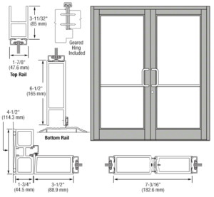 CRL-U.S. Aluminum Clear Anodized Custom Pair Series 800 Durafront Medium Stile Geared Hinge Entrance Doors for Surface Mount Door Closers