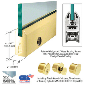 CRL Polished Brass 1/2" Glass 4" Tapered Door Rail With Lock - 35-3/4" Length