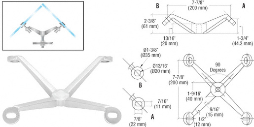 CRL Polished Stainless Regular Duty 90 Degree 4-Way Spider Fitting  Arm Column Mount