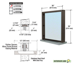 CRL Duranodic Bronze Anodized Bullet Resistant 36" Wide Interior Window with Surround Sound and Shelf with Deal Tray for 4-7/8" Thick Walls