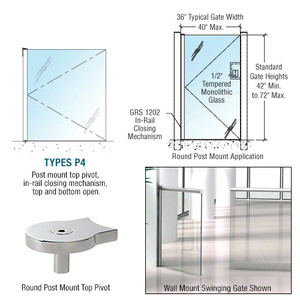 CRL Polished Stainless 1202 Series 36 x 60 Post Mounted Gate w/In-Rail Closing Mechanism, Top and Bottom Open