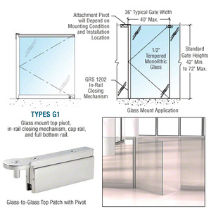 CRL Polished Stainless 1202 Series Custom Glass-to-Glass Mounted Gate w/In-Rail Closing Mechanism, Cap Rail, and Full Bottom Rail