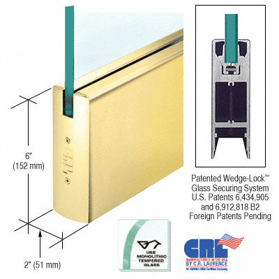 CRL Polished Brass 1/2" Glass 6" Square Door Rail Without Lock - 35-3/4" Length