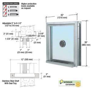 CRL Satin Anodized 40" Wide Bullet Resistant Exterior Window with Surround Sound, Speak-Thru and Shelf with Deal Tray