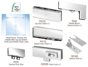 CRL Polished Stainless European Patch Door Kit for Double Doors for Use with Fixed Transom and Two Sidelites - With Lock