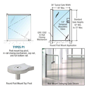 CRL Brushed Stainless 1202 Series Custom Post Mounted Gate w/In-Rail Closing Mechanism, Cap Rail, and Full Bottom Rail