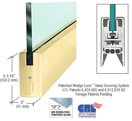 CRL Polished Brass 1/2" Glass 4" Square Door Rail Without Lock - 35-3/4" Length