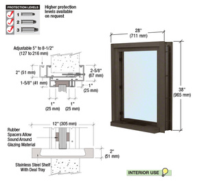 CRL Dark Bronze 28" Wide Bullet Resistant Interior Window With Surround Sound and 12" Shelf With Deal Tray