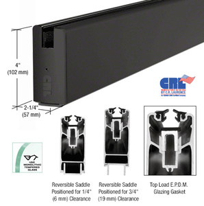 CRL Black Powder Coat 4" x 120" Length Square Sidelite Rail for 3/4" Glass