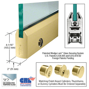 CRL Satin Brass 1/2" Glass 4" Tapered Door Rail With Lock - Custom Length