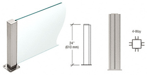 PP43 Plaza Series Post for 3/8" (10 mm) Glass, Brushed Stainless 24" High, 1-1/2" Square, 4-Way Post