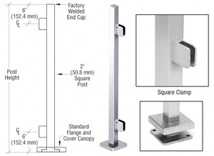 CRL Polished Stainless 36" Steel Square Glass Clamp End Square Post Railing Kit
