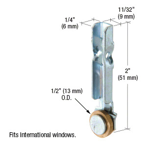 CRL 1/2" Flat Edge Brass Sliding Window Roller With Stamped Steel Bracket for International Windows