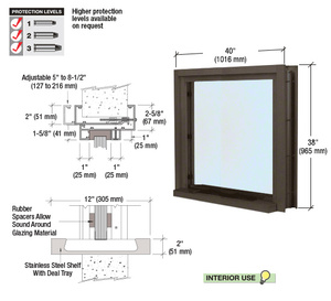 CRL Duranodic Bronze Anodized 40" Wide Bullet Resistant Interior Window with Surround and 12" Shelf with Deal Tray