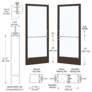 CRL-U.S. Aluminum Bronze Black Anodized Custom Pair Series 250 Narrow Stile Geared Hinge Entrance Doors With ADA Bottom Rail for Surface Mount Door Closers