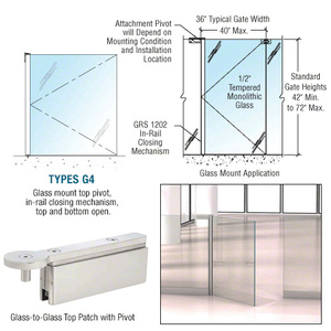 CRL Brushed Stainless 1202 Series Custom Glass-to-Glass Mounted Gate w/In-Rail Closing Mechanism, Top and Bottom Open
