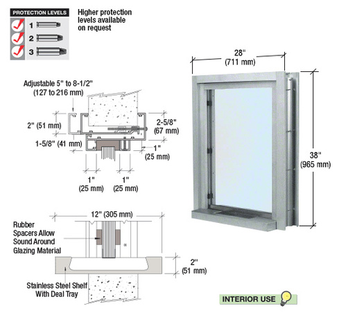 CRL Satin Anodized 28" Wide Bullet Resistant Interior Window With Surround Sound and 12" Shelf With Deal Tray