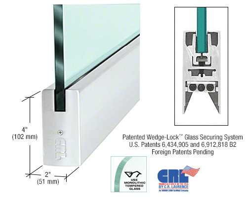 CRL Satin Anodized 1/2" Glass 4" Square Door Rail Without Lock - 35-3/4" Length