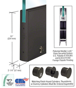 CRL Black Bronze  Anodized 5/8" Glass 10" Square Door Rail With Lock - 35-3/4" Length