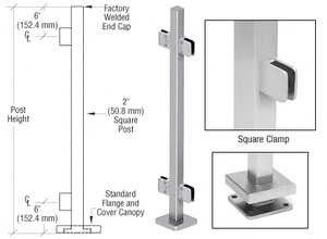 CRL Brushed Stainless 36" Steel Square Glass Clamp 180 Degree Center Square Post Railing Kit