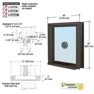 CRL Dark Bronze 40" Wide Bullet Resistant Exterior Window with Surround Sound, Speak-Thru and Shelf with Deal Tray