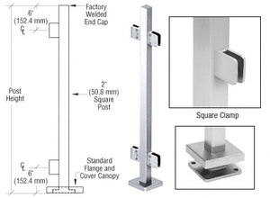 CRL Polished Stainless 36" Steel Square Glass Clamp 180 Degree Center Square Post Railing Kit