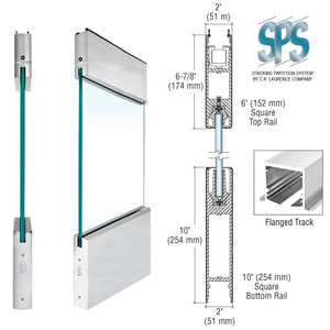CRL Brushed Stainless Type 2 Flanged SPS Convertible Sliding/Pivoting Door with 6" Square Rail on the Top and 10" Square Rail on the Bottom