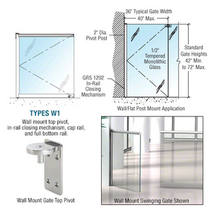 CRL Polished Stainless 1202 Series Custom Wall Mounted Gate w/In-Rail Closing Mechanism, Cap Rail, and Full Bottom Rail