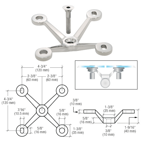 CRL Polished Stainless Four Arm Spider Fitting 'V' Post Mount