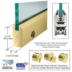 CRL Satin Brass 5/8" Glass 4" Tapered Door Rail With Lock - Custom Length