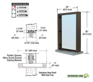 CRL Duranodic Bronze Anodized Bullet Resistant 24" Wide Interior Window with Surround Sound and Shelf with Deal Tray for 4-7/8" Thick Walls