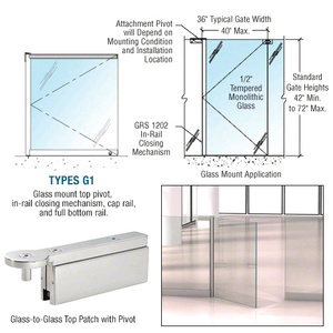 CRL Polished Stainless 1202 Series 36 x 42 Glass-to-Glass Mounted Gate w/In-Rail Closing Mechanism, Cap Rail, and Full Bottom Rail