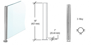 CRL Polished Stainless 18" x 1" SBPP08 Slimline Series Round 3-Way Partition Post