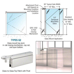CRL Polished Stainless 1202 Series 36 x 60 Glass-to-Glass Mounted Gate w/In-Rail Closing Mechanism, Cap Rail, and Open Bottom