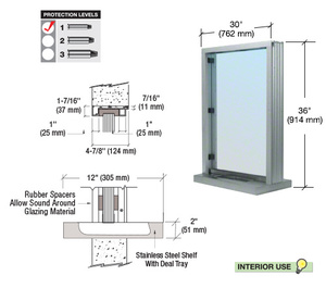 CRL Satin Anodized Bullet Resistant 30" Wide x 36" High Interior Window with Surround Sound and Shelf with Deal Tray for 4-7/8" Thick Walls