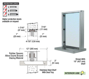 CRL Satin Anodized Aluminum Standard Inset Frame Interior Glazed Exchange Window with 12" Shelf and Deal Tray