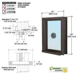 CRL Duranodic Bronze Anodized 34" Wide x 38" High Bullet Resistant Clamp-On Exterior Window With Speak-Thru and Shelf With Deal Tray Protection Level 1