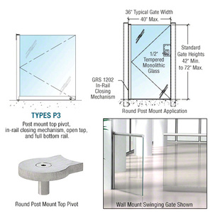 CRL Brushed Stainless 1202 Series Custom Post Mounted Gate w/In-Rail Closing Mechanism, Open Top, and Full Bottom Rail